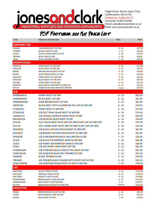 PROGRESSIVE SAFETY FOOTWEAR PRICE LIST 2023 Jones and Clark